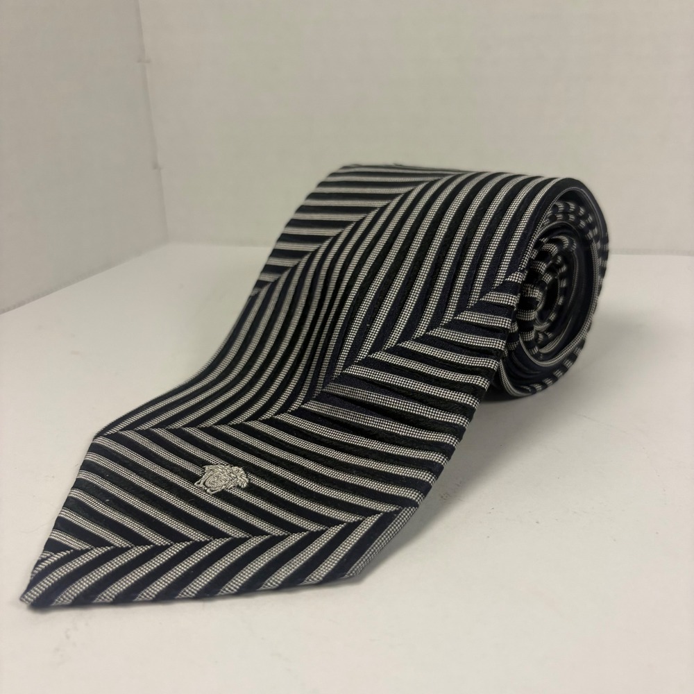 Versace Silk Tie Mens OS Navy White Striped Medusa Logo Made in Italy Luxury